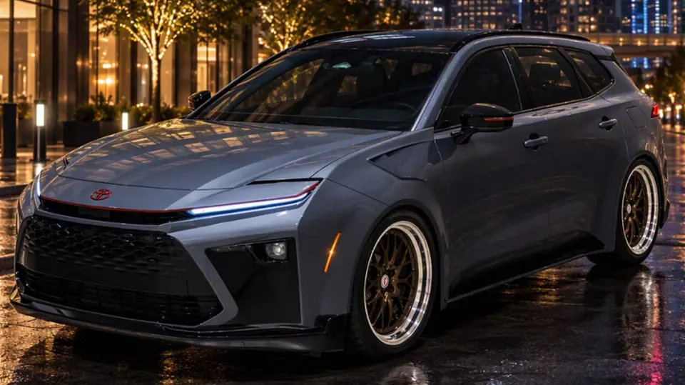 The Crown Signia GT-S concept's slammed ride height and aggressive front aero on show under city lights