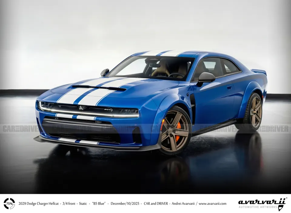 Rendered preview of the supercharged Hellcat Charger coupe with rear-drive stance