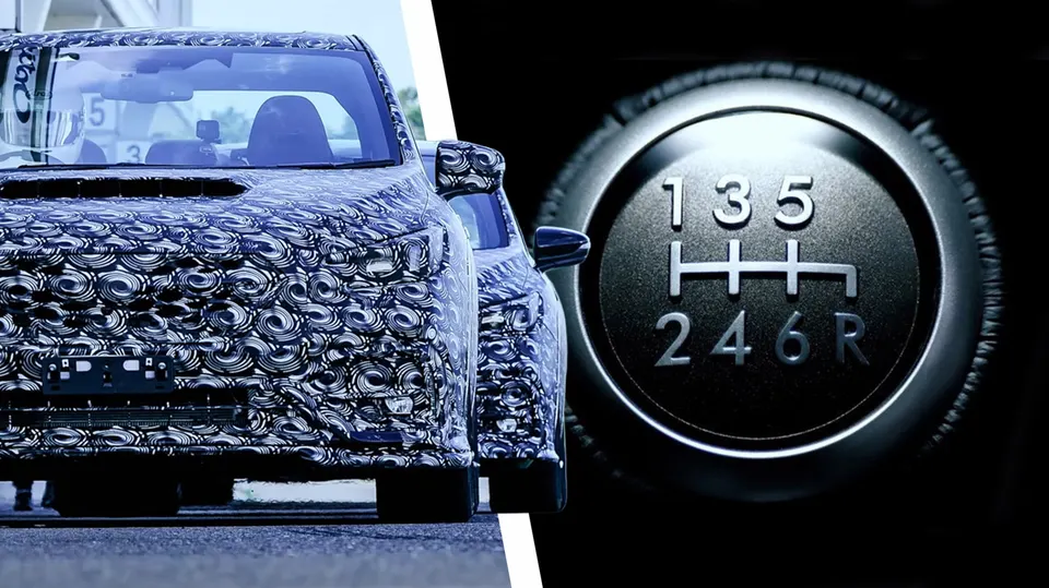 A camouflaged WRX test mule paired with the six-speed gate of the revived heavy-duty TY85 manual