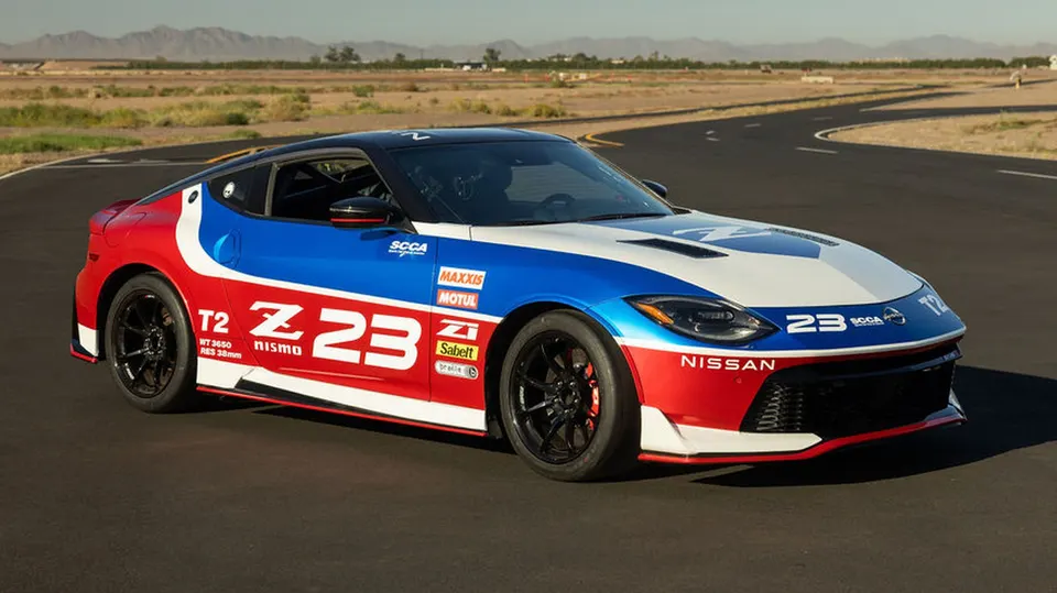The Project NAT2 SCCA Touring 2 Z concept wears a bold red, white and blue competition livery.