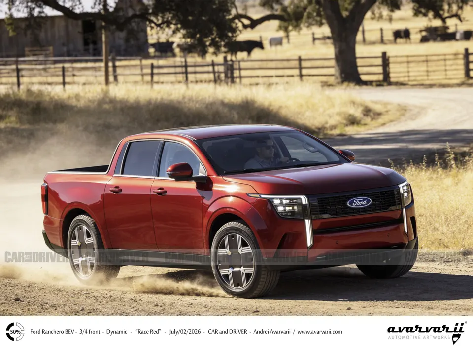 Ford Fathom electric pickup rendering in motion on a dusty ranch road