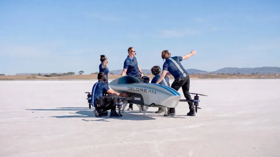DeLorean's Airspeeder entry is readied by crew on the salt flats ahead of its 2026-27 racing debut