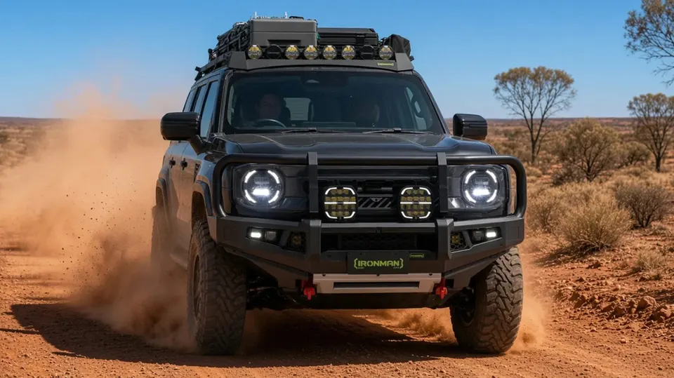 The Chery Stockman kicks up red dust, kitted with Ironman 4x4 factory accessories